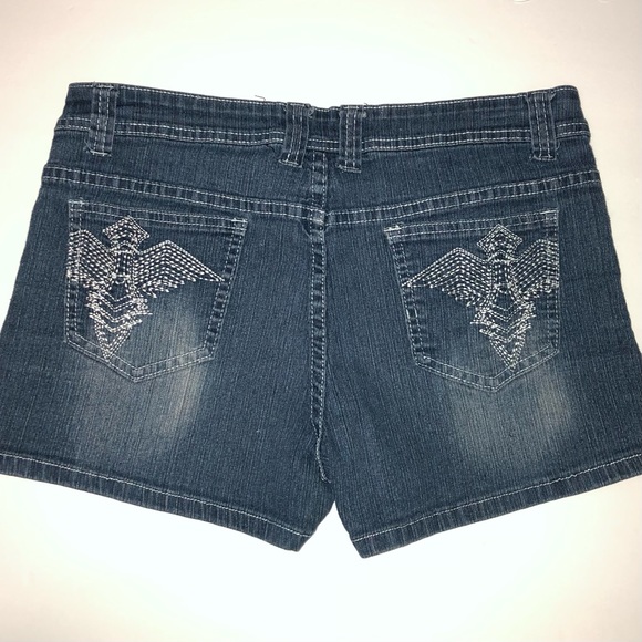 Gold Drama Stretch Distressed Denim Embroidered Shorts, Jr Sz 11 - Picture 2 of 7